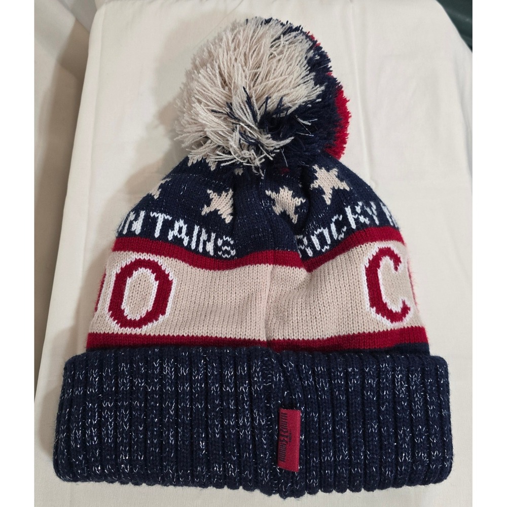 Robin Ruth Colorado Rocky Mountains Beanie‎ Pom Pom Knit Hat Navy Blue - Picture 2 of 7